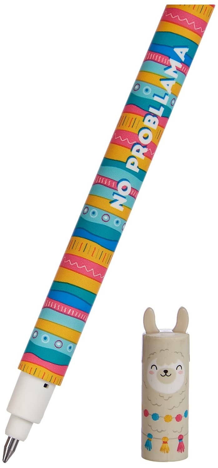 Erasable gel pen with multicolour llama pattern, with matching llama sleeve.