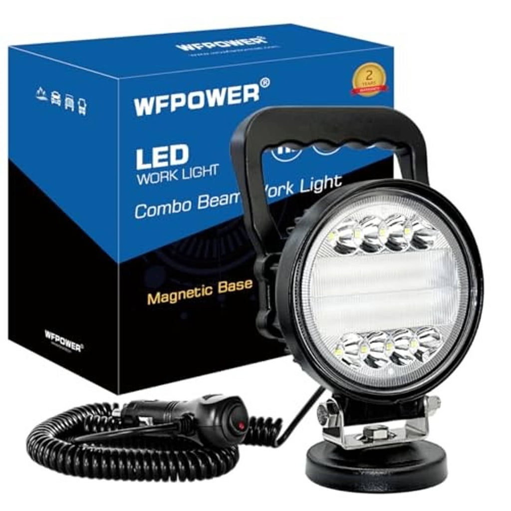 Black magnetic LED work light with round head, base stand, and coiled power cable
