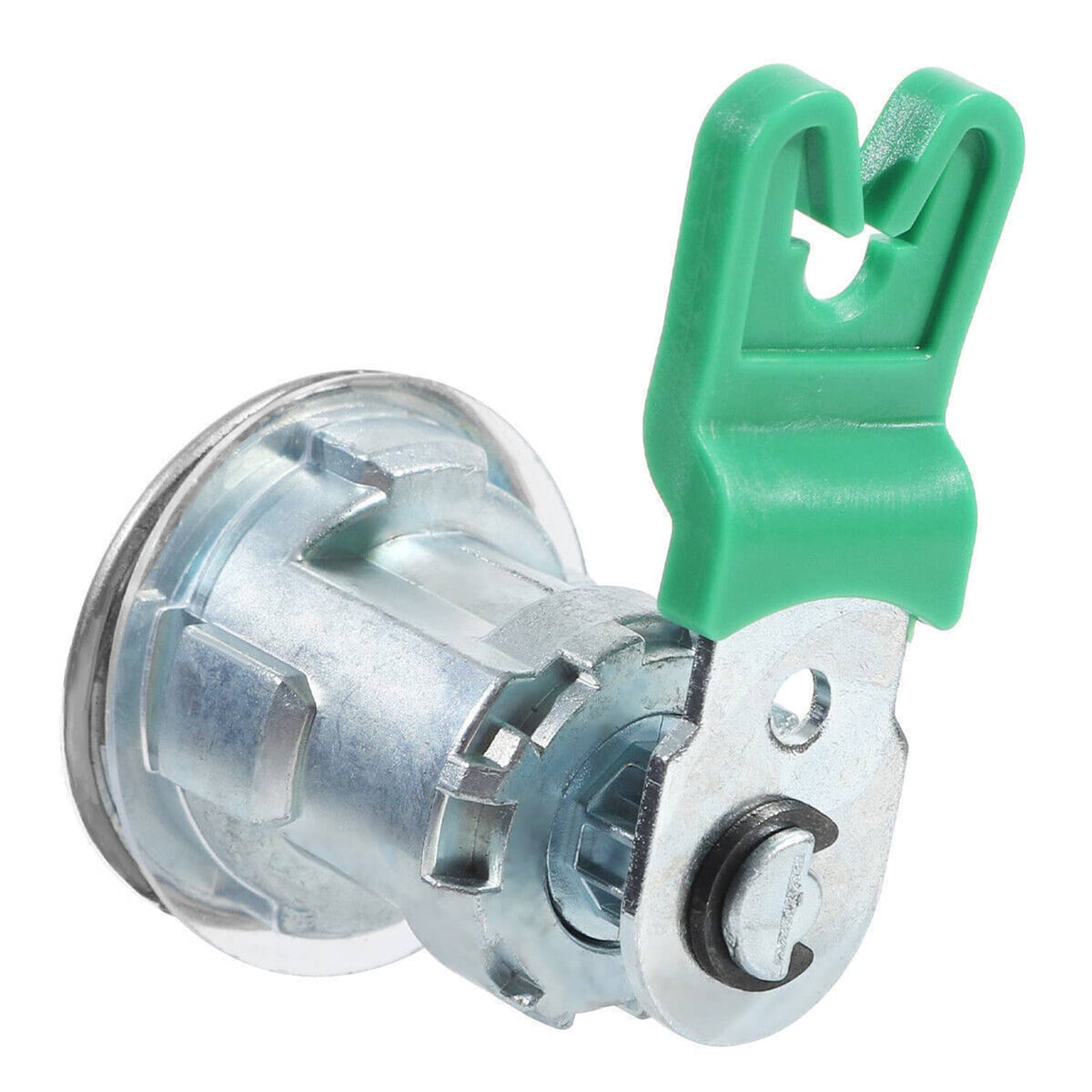 Ignition/door lock cylinder with green plastic key tag and metal lock body