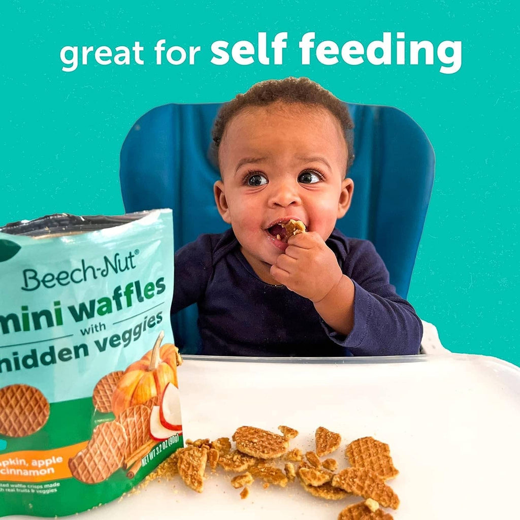 Beech-Nut mini waffles snack bag beside a toddler self-feeding mini waffle bites
