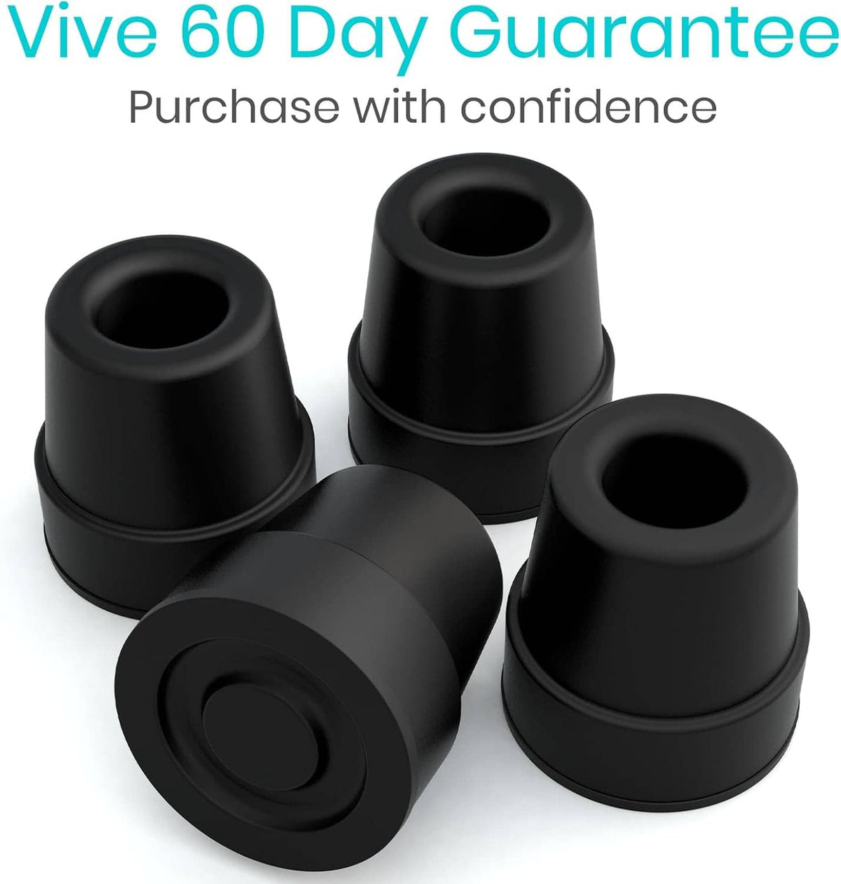 Four black quad cane replacement rubber tips with circular tread