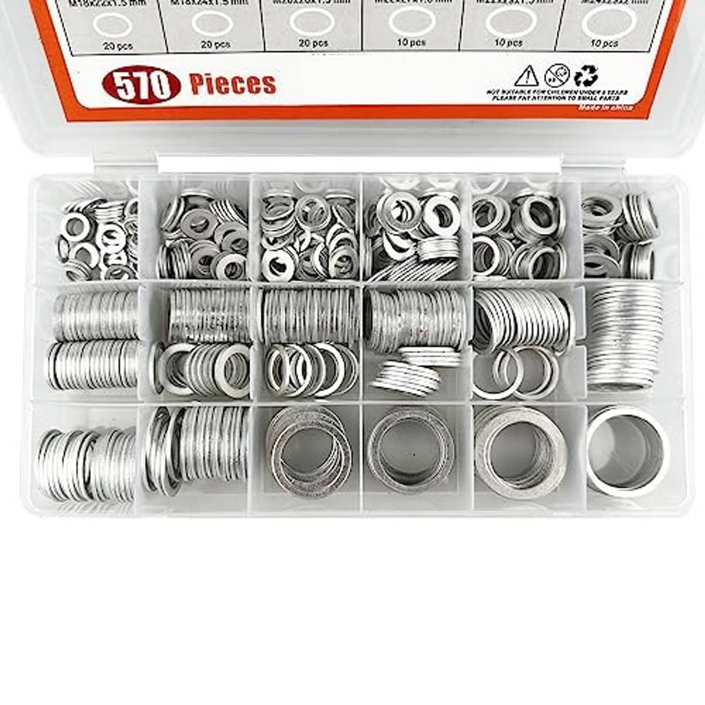 Assorted aluminum oil drain plug washers laid in compartments inside the clear plastic case
