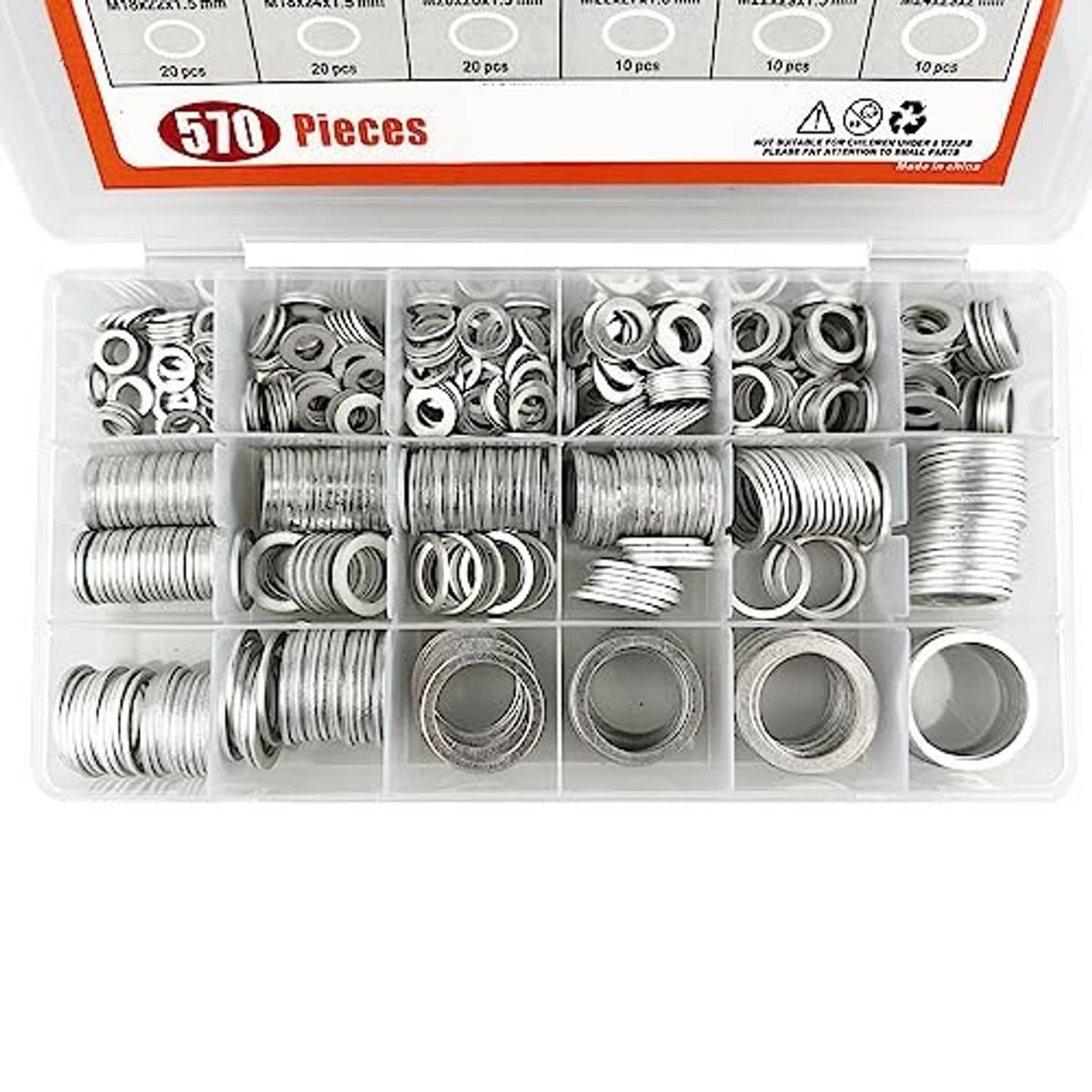 Assorted aluminum oil drain plug washers laid in compartments inside the clear plastic case