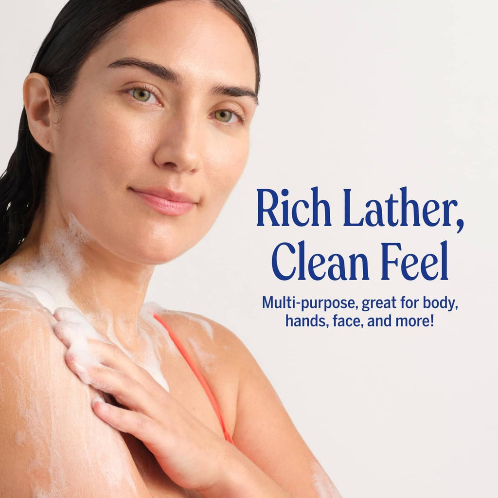 Person applying soap to skin with “Rich Lather, Clean Feel” message