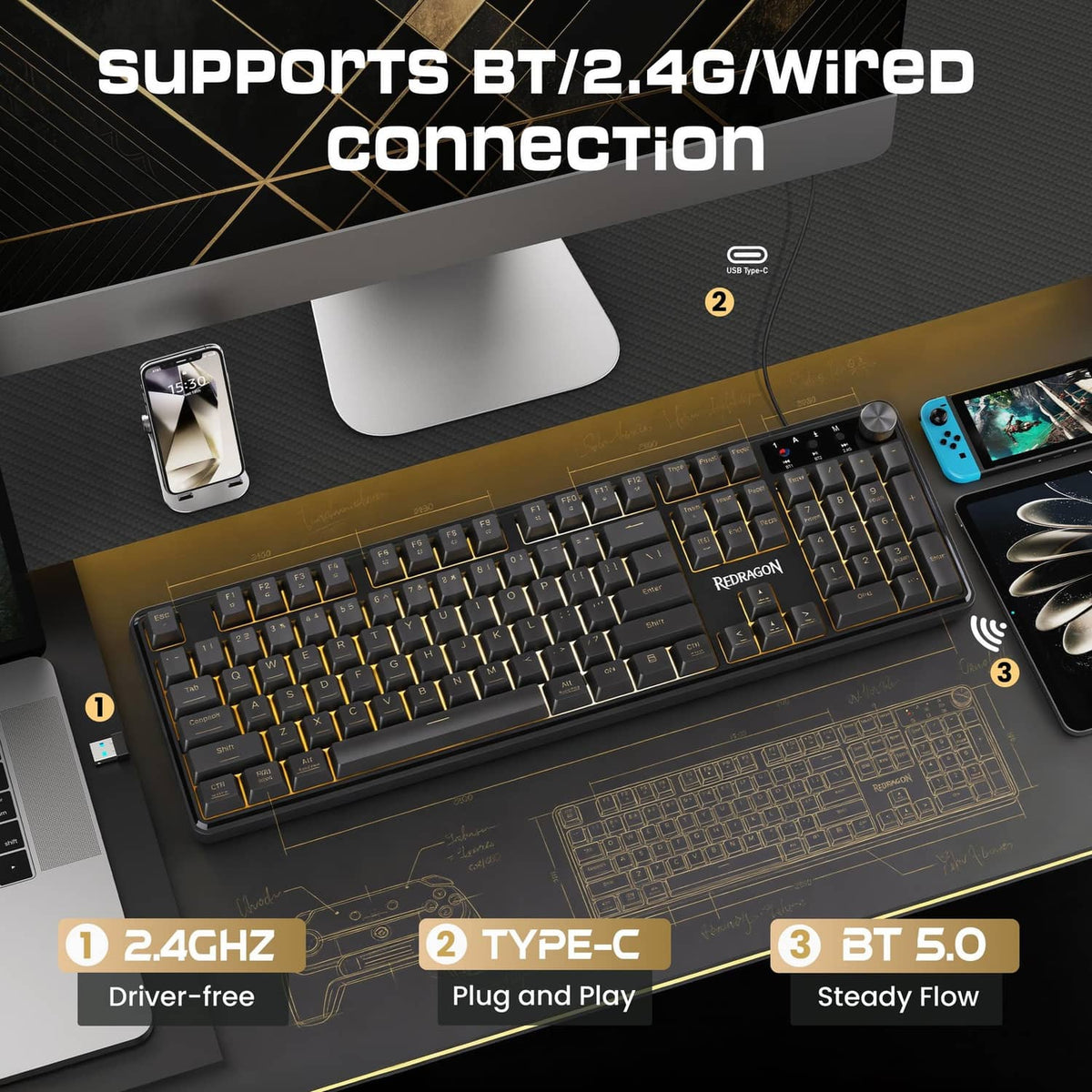 Grayish-black wireless keyboard with RGB backlit keys and top-right volume knob.