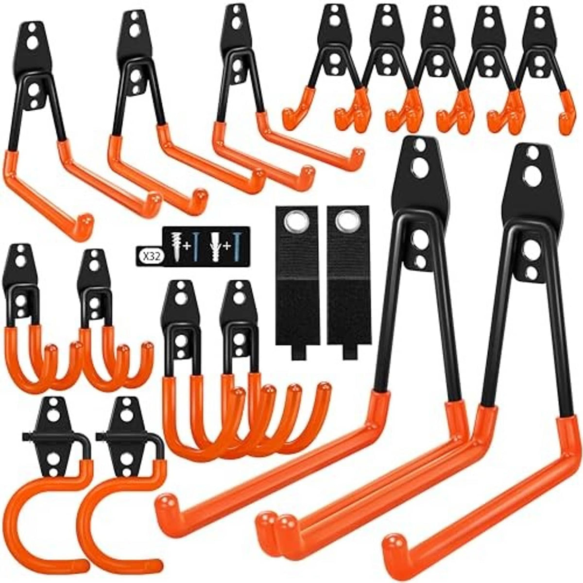 Garage hook set with black mounting heads and orange anti-slip U-shaped hooks