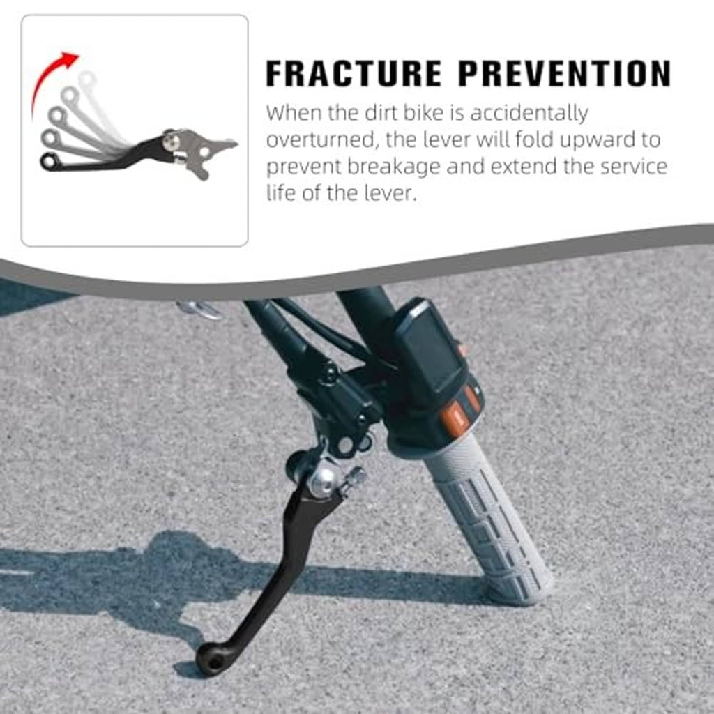 Black dirt bike brake lever with mounting bracket on front fork area
