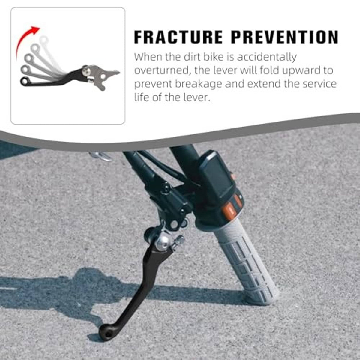 Black dirt bike brake lever with mounting bracket on front fork area