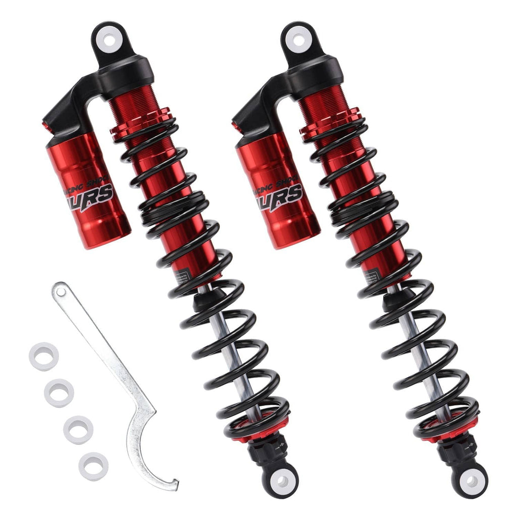 Pair of rear shock absorbers with red reservoirs, black coils, and included bracket tool