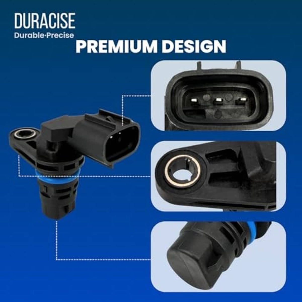 Camshaft position sensor with black housing and blue insulator ring, connector end shown