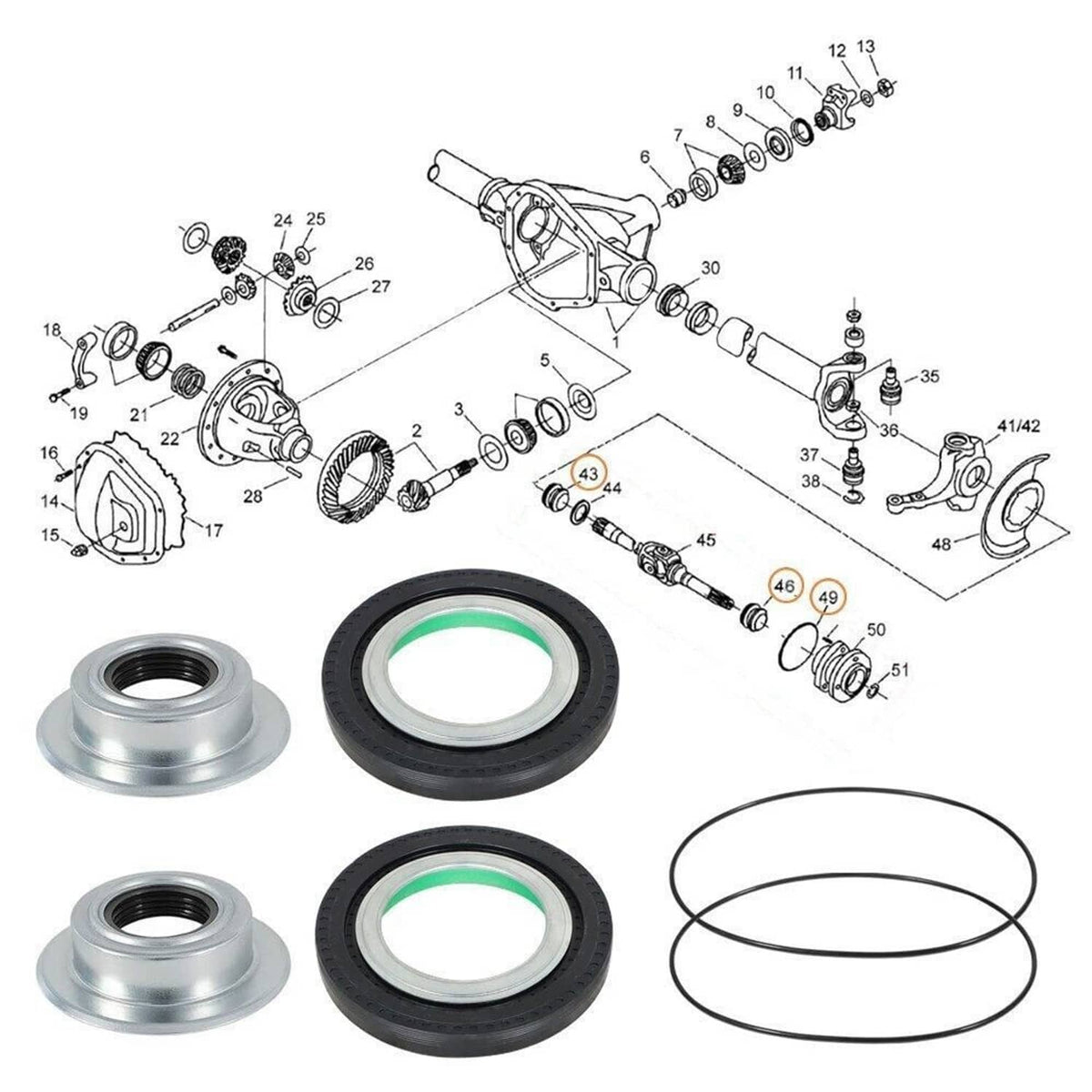 Front axle seal and greaseable U-joint kit parts diagram with seal rings and gaskets
