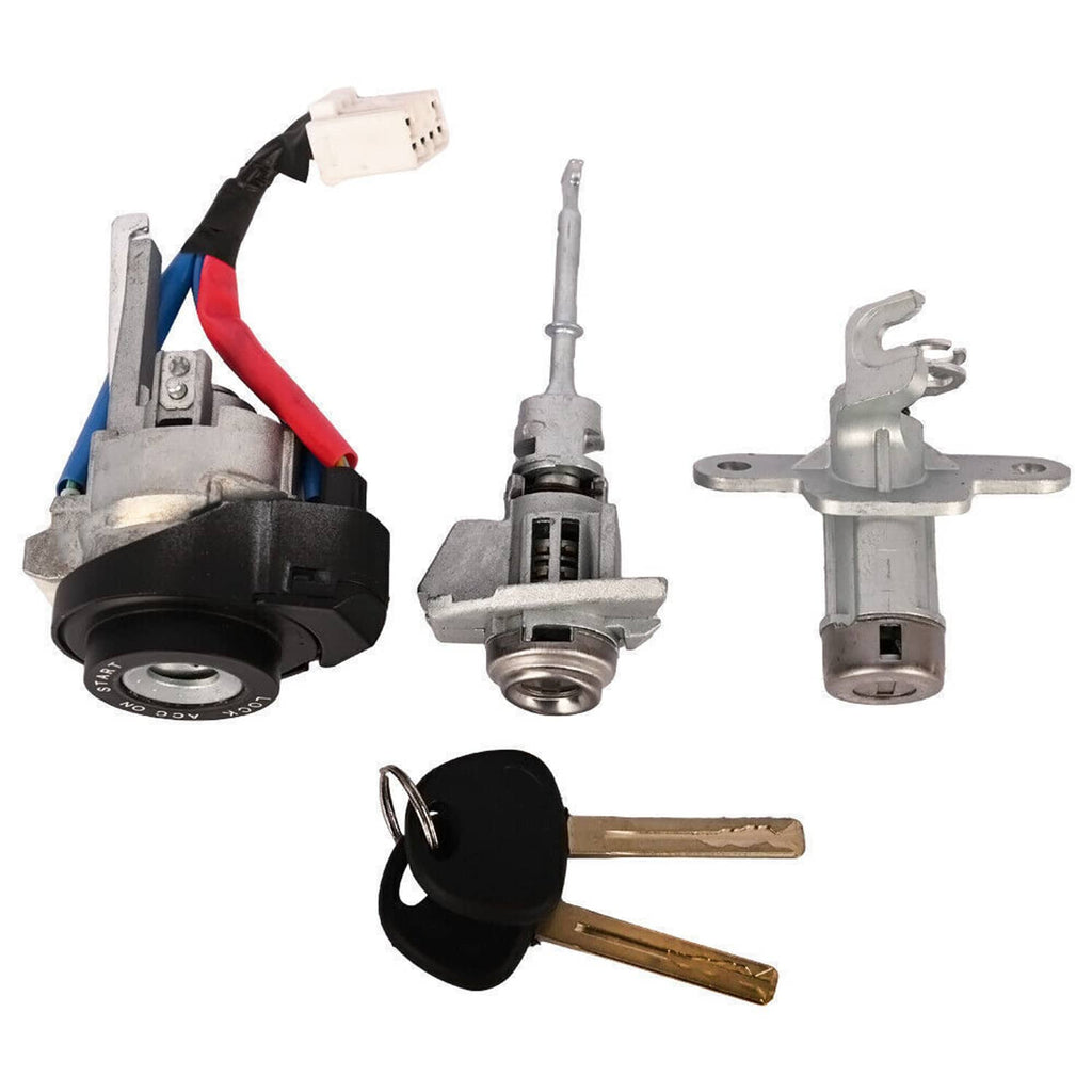 Door lock cylinder with ignition switch parts and two keys on metal brackets