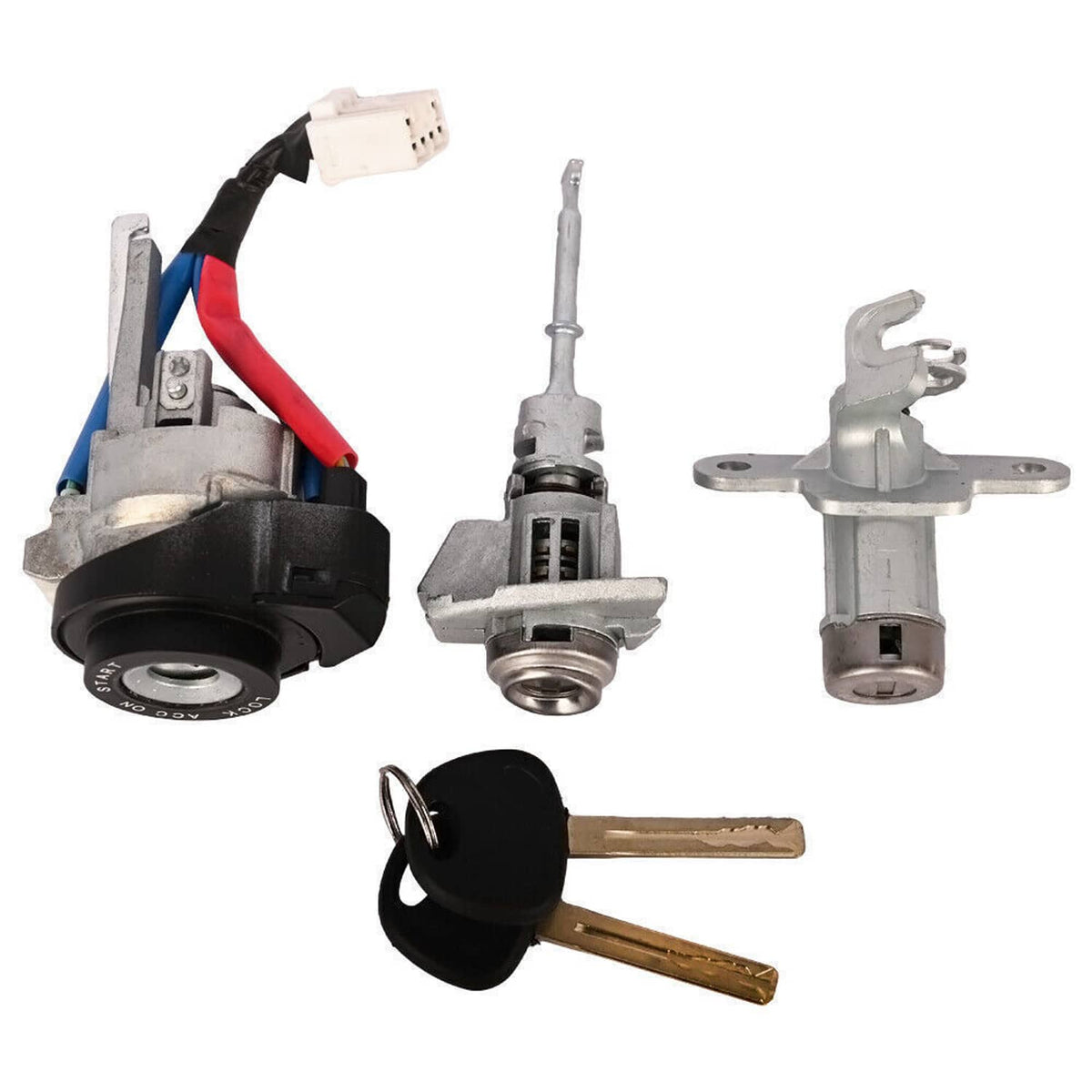 Door lock cylinder with ignition switch parts and two keys on metal brackets