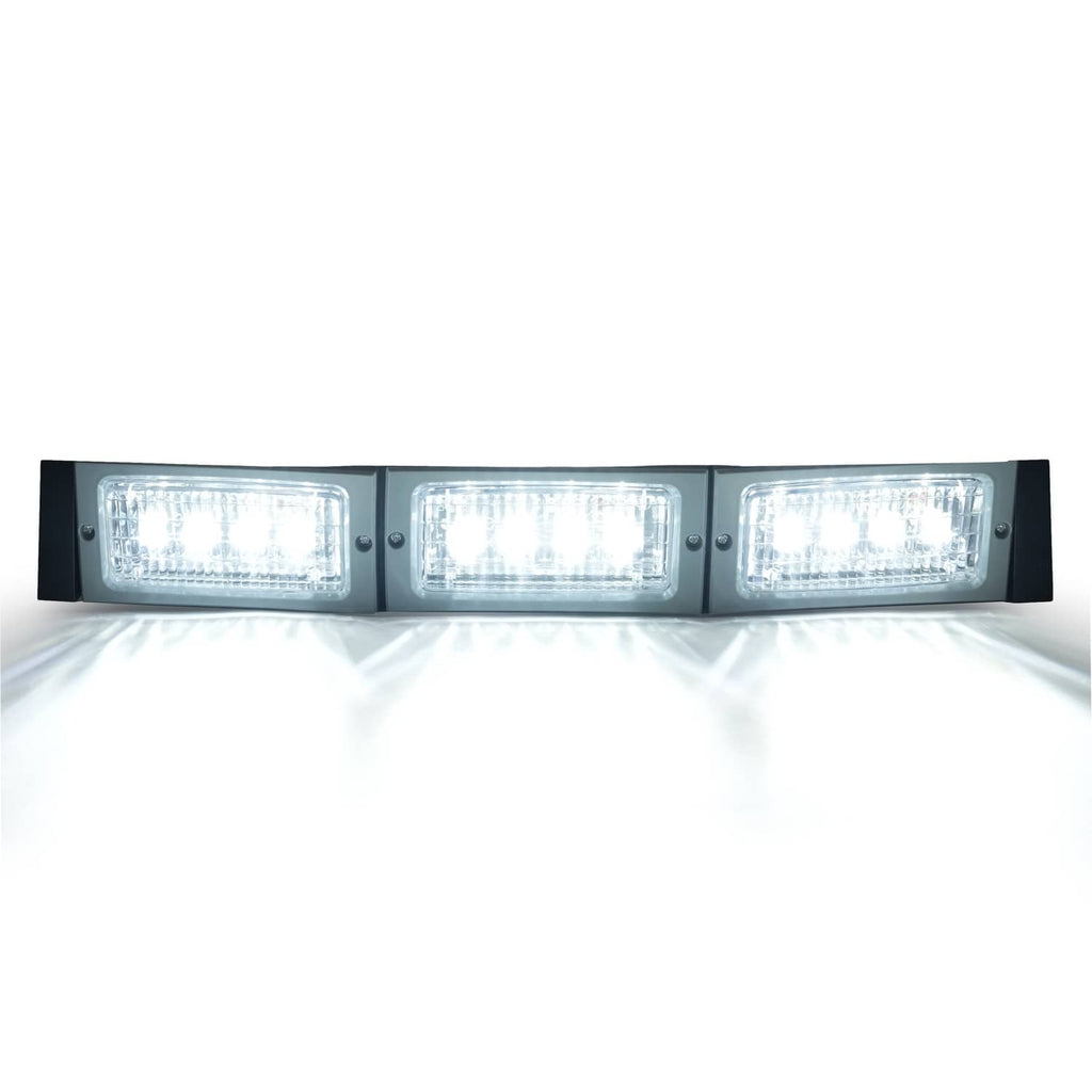 Illuminated 3-LED headlight light bar with three rectangular lenses on black frame