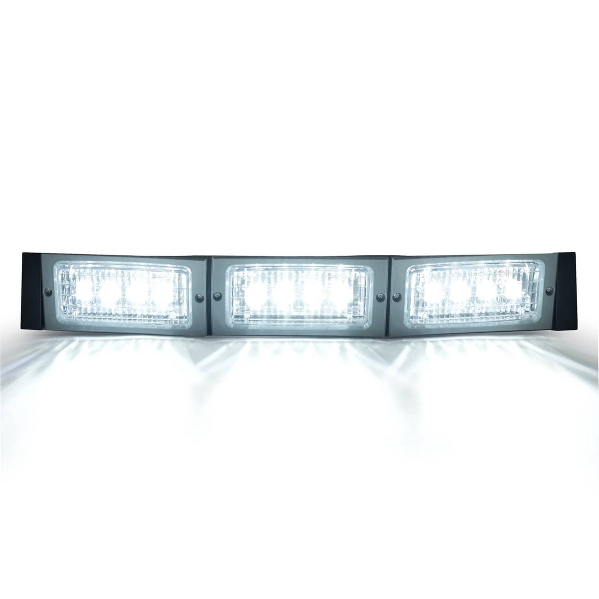 Illuminated 3-LED headlight light bar with three rectangular lenses on black frame