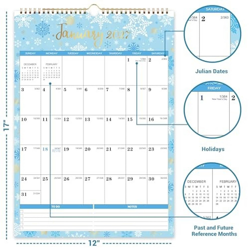 January 2026 wall calendar with light blue snowflake theme and Julian dates and holiday circles