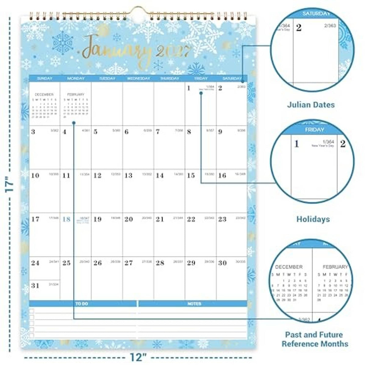 January 2026 wall calendar with light blue snowflake theme and Julian dates and holiday circles
