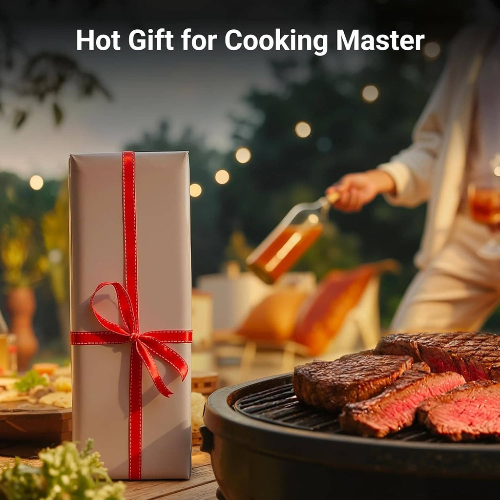 Propane torch warming a grill with a strong flame while holding a gift nearby