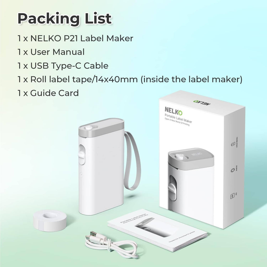 NELKO label maker packaging with device, manual, USB Type-C cable, guide card, and tape roll