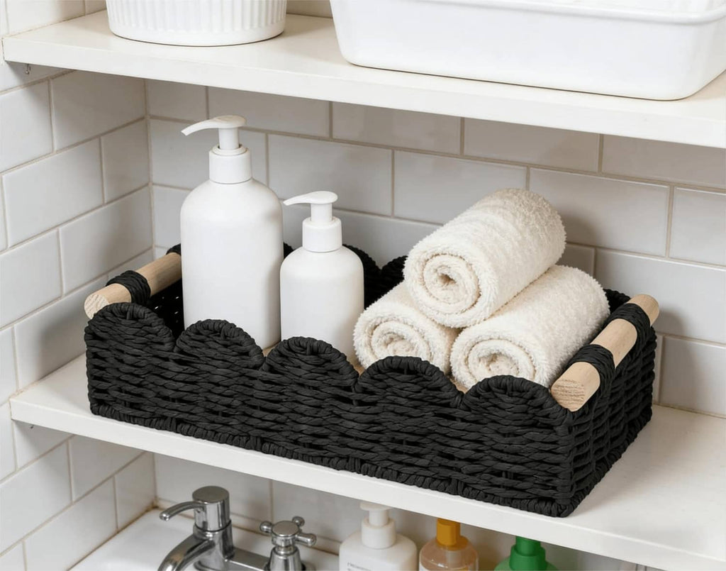 Black woven storage basket with wood-capped handles holding bottles and folded towels