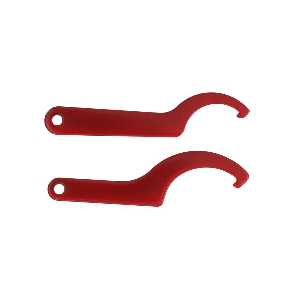 Red installation wrenches with curved hooks, two-piece set