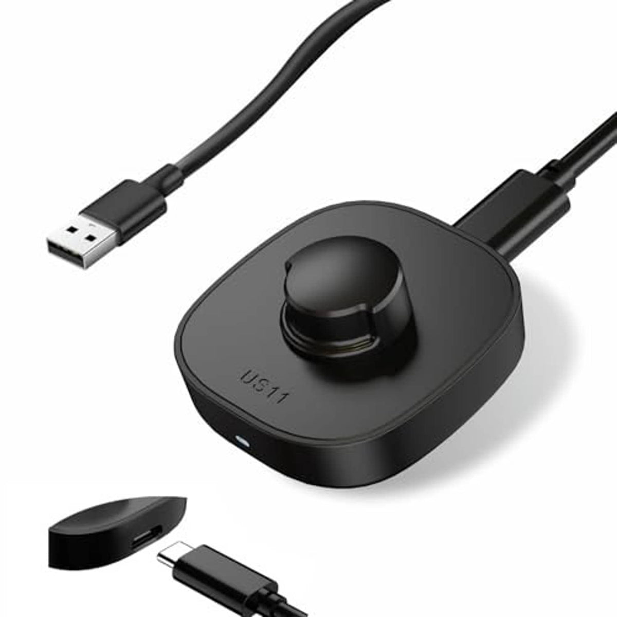 Black charging dock with USB-A to USB-C cable, showing round top charging pad