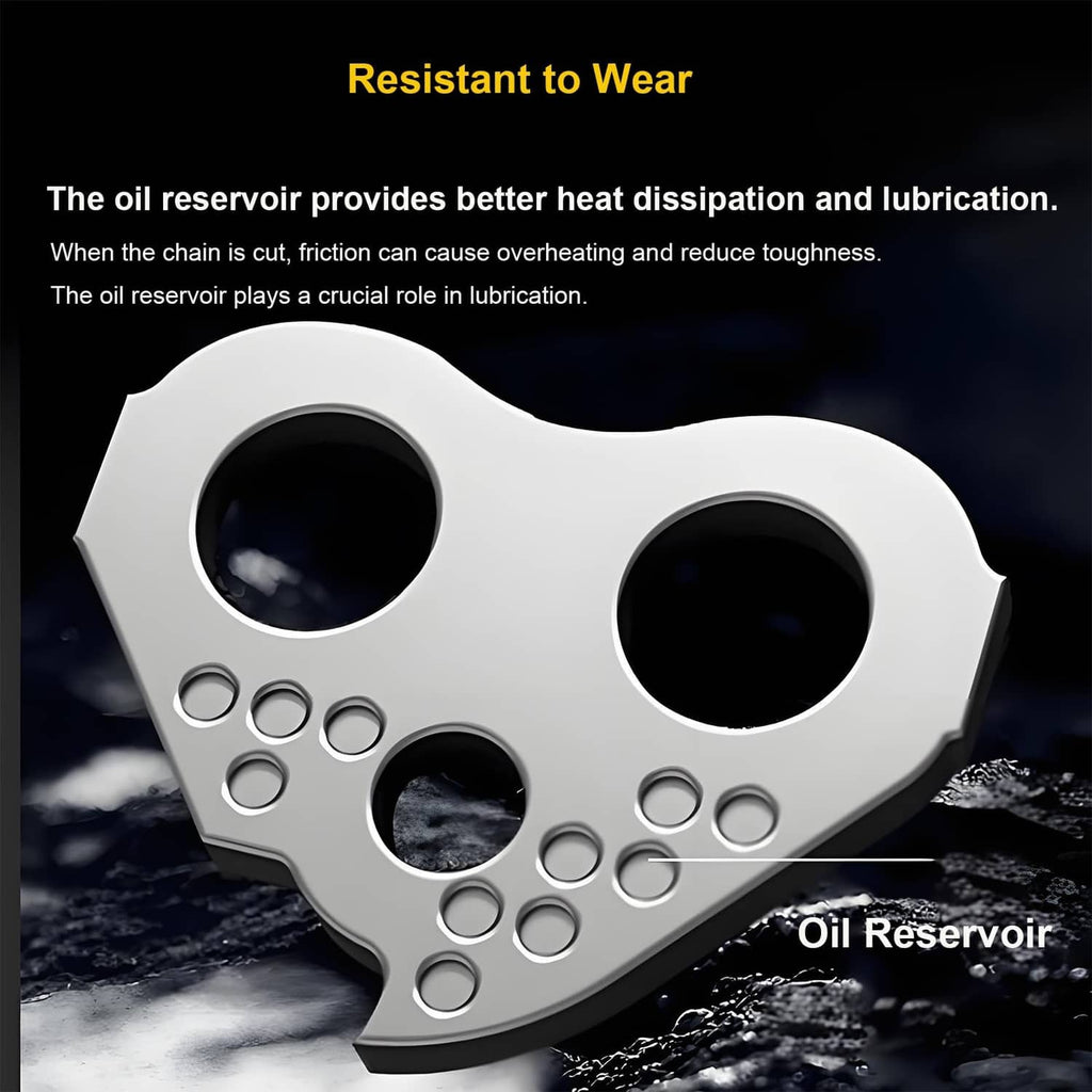 Chainsaw guide bar oil reservoir cover with wear-resistant metal body