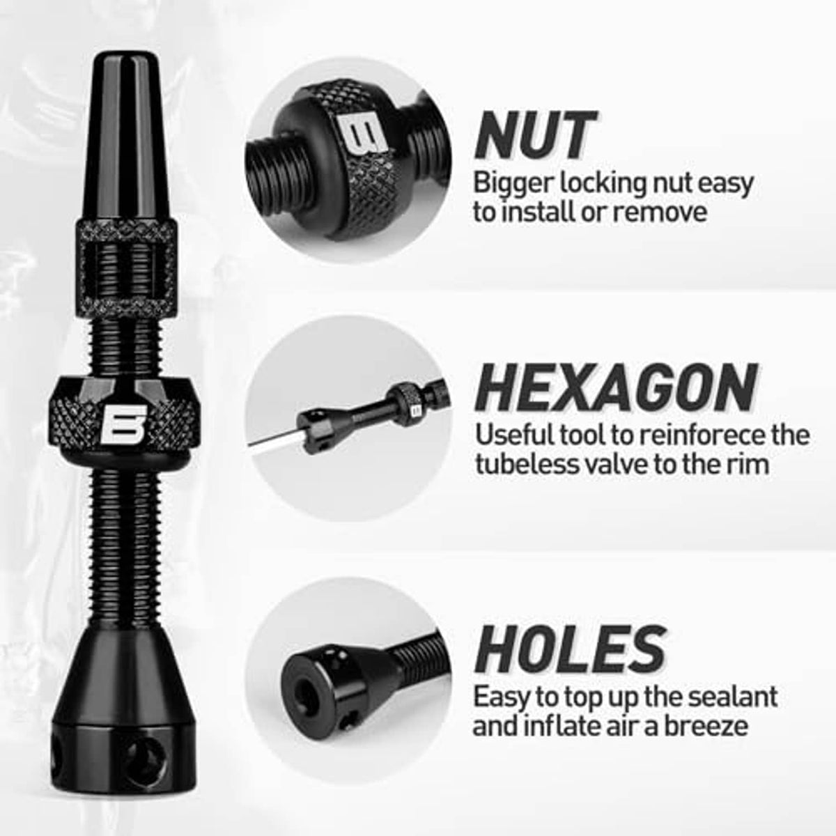 Black Presta tubeless valve stem with knurled locking nut and open outlet holes