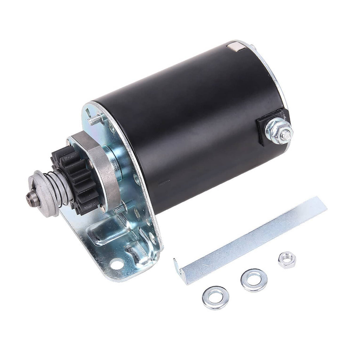 Black electric starter motor with metal base, pinion gear, and included hardware