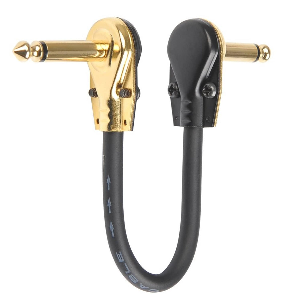 Two 1/4-inch guitar patch cables with gold plugs and black molded connectors
