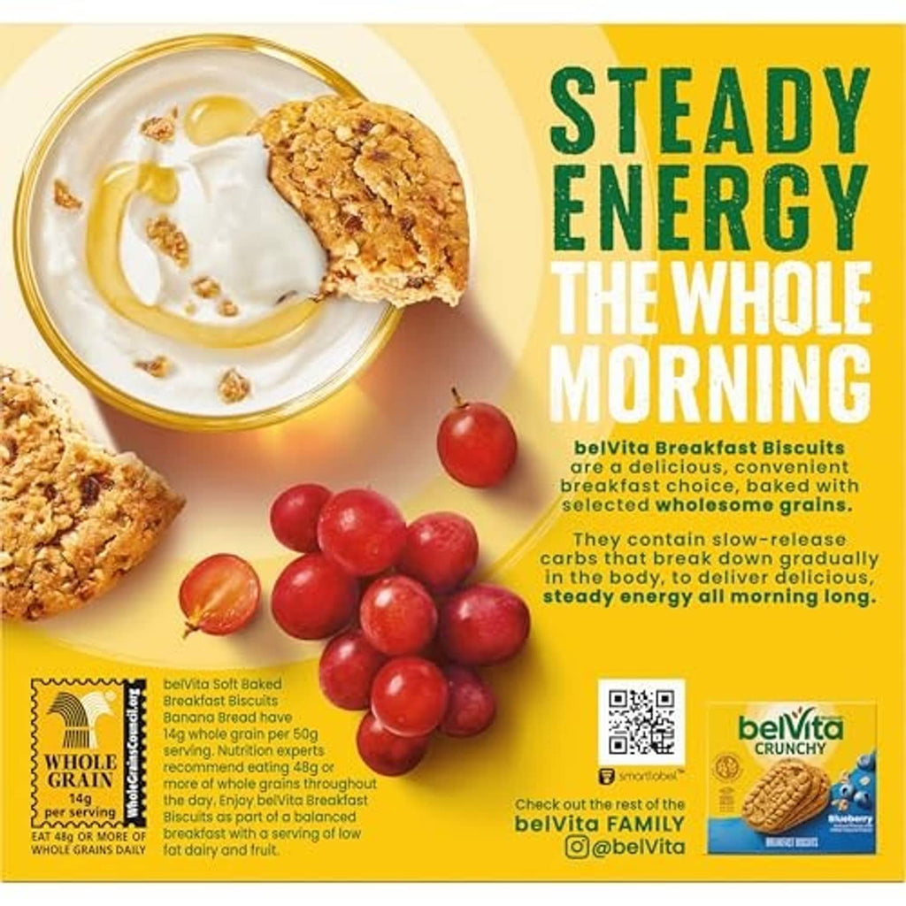 Belvita soft baked banana bread biscuits back panel with serving image and fruit