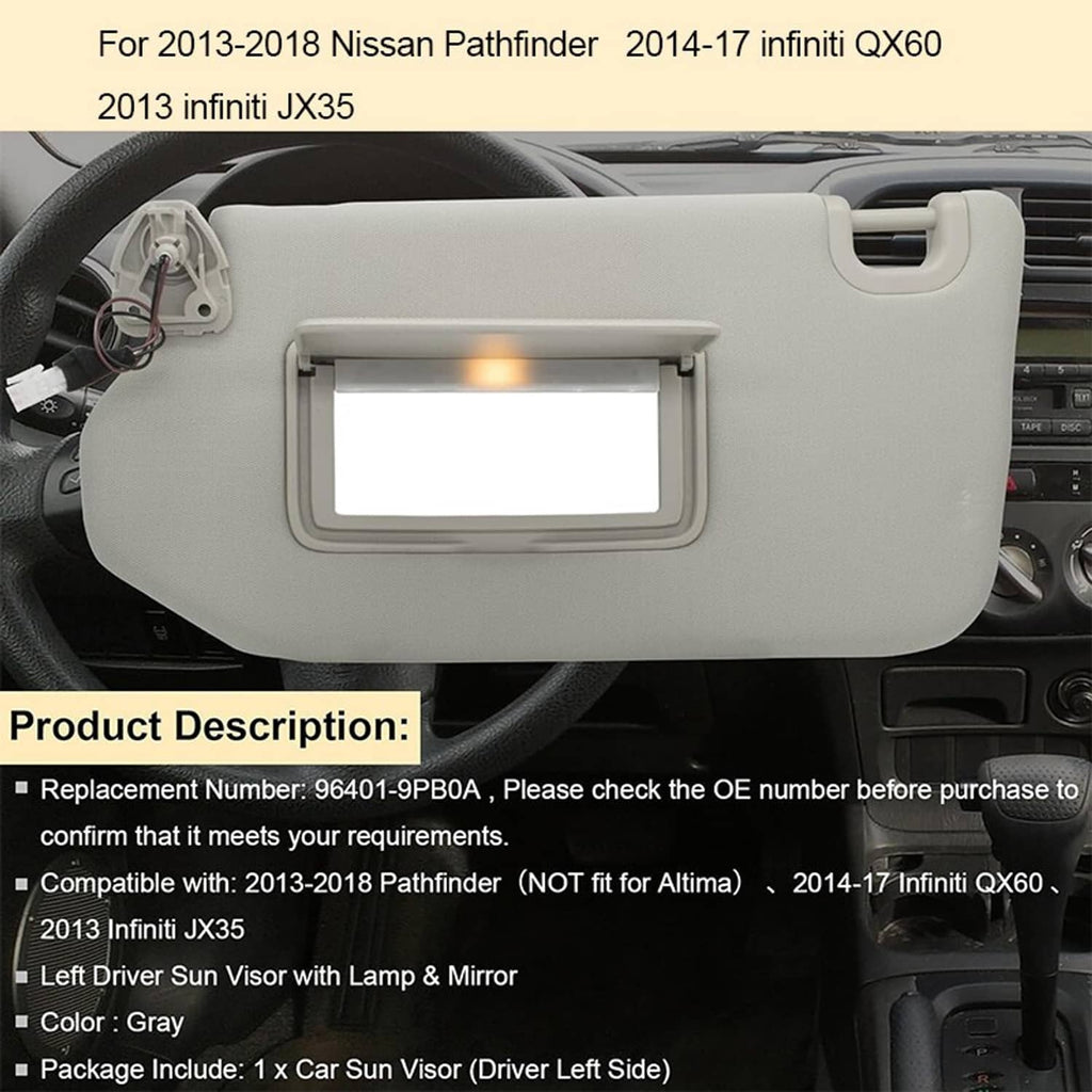 Gray left driver sun visor with lamp and mirror installed on vehicle interior