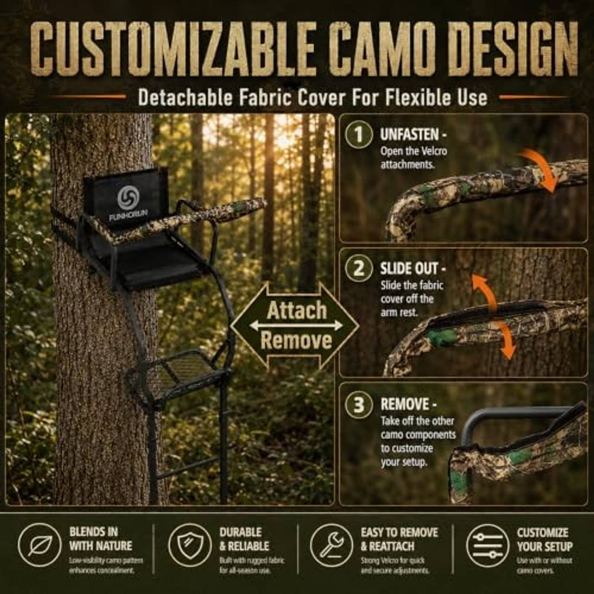 Tree stand with detachable camo fabric cover over the padded seat