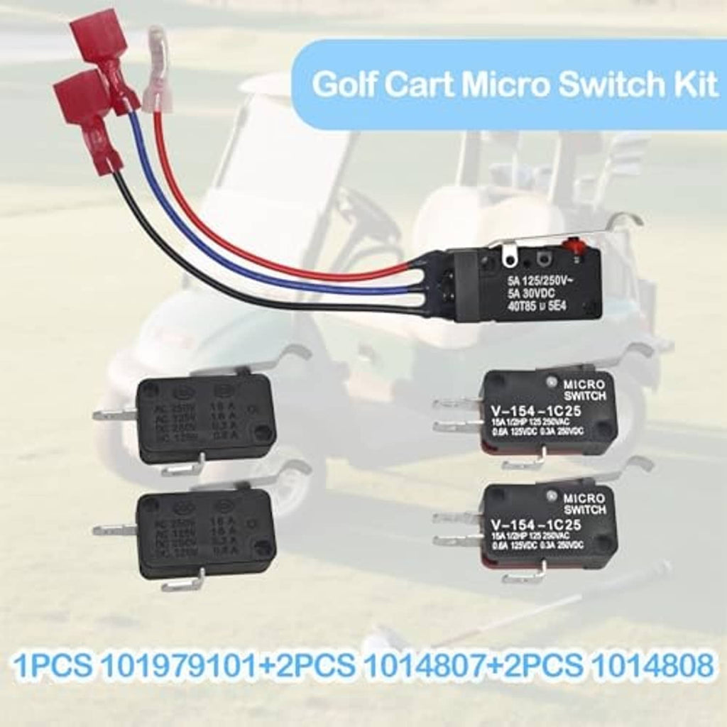 Golf cart micro switch kit with wiring harness, SPST micro switches, and terminals