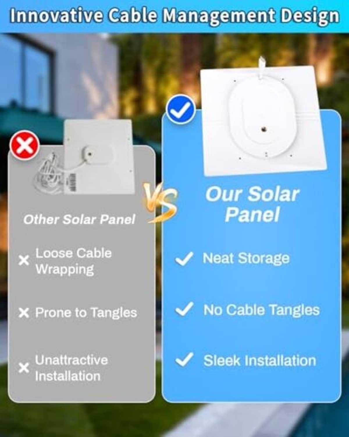 Solar panel kit showing cable management with neat storage and no cable tangles