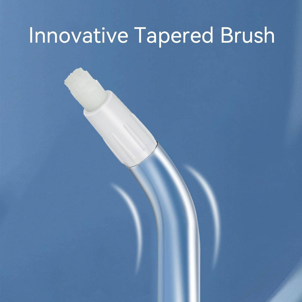 Water flosser replacement brush tip with tapered white bristles on chrome shaft