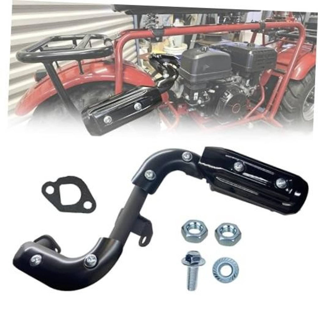 Black exhaust muffler and curved header pipe with mounting flange and hardware kit