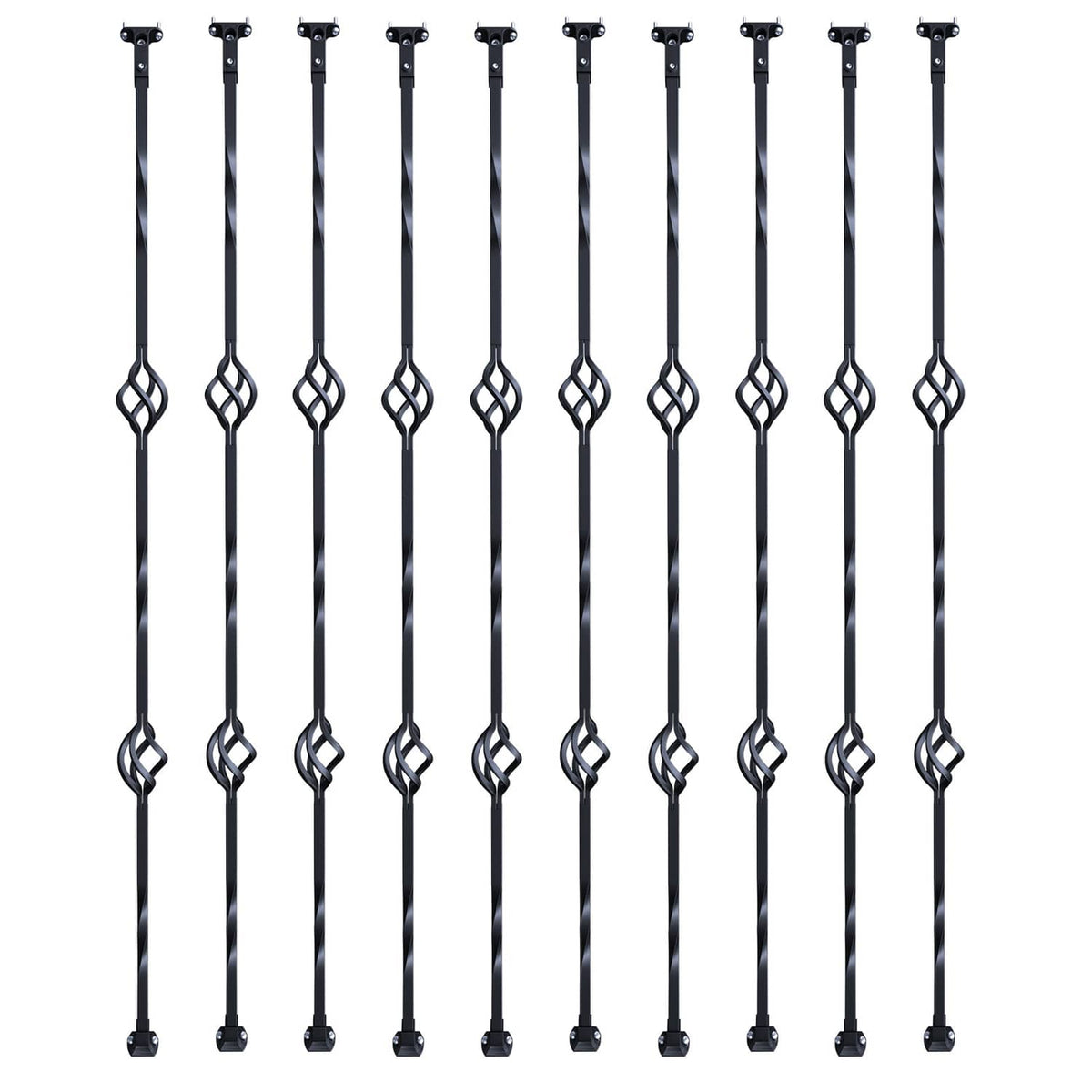 Matte black steel deck balusters with double-basket links, close-up straight set