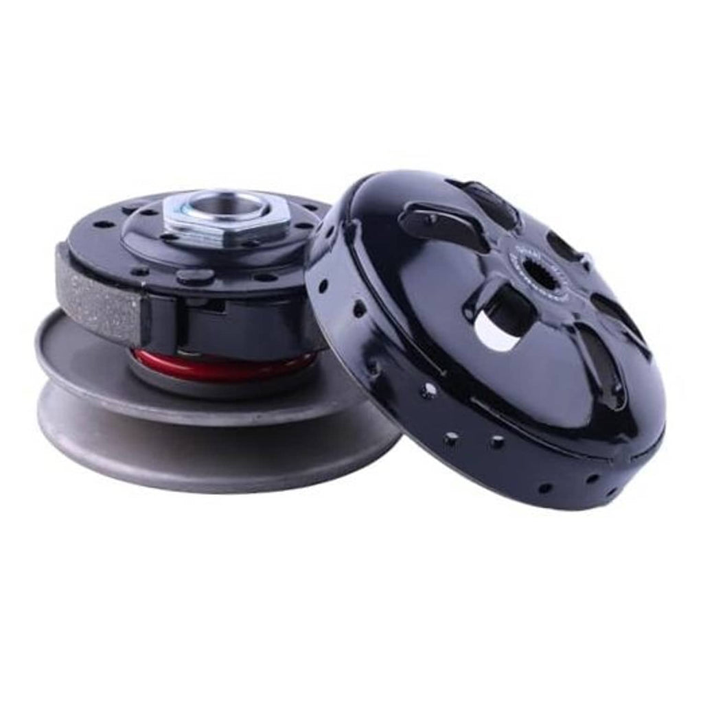 Clutch assembly with clutch bell, black steel cover and gray bell plate with red spring ring