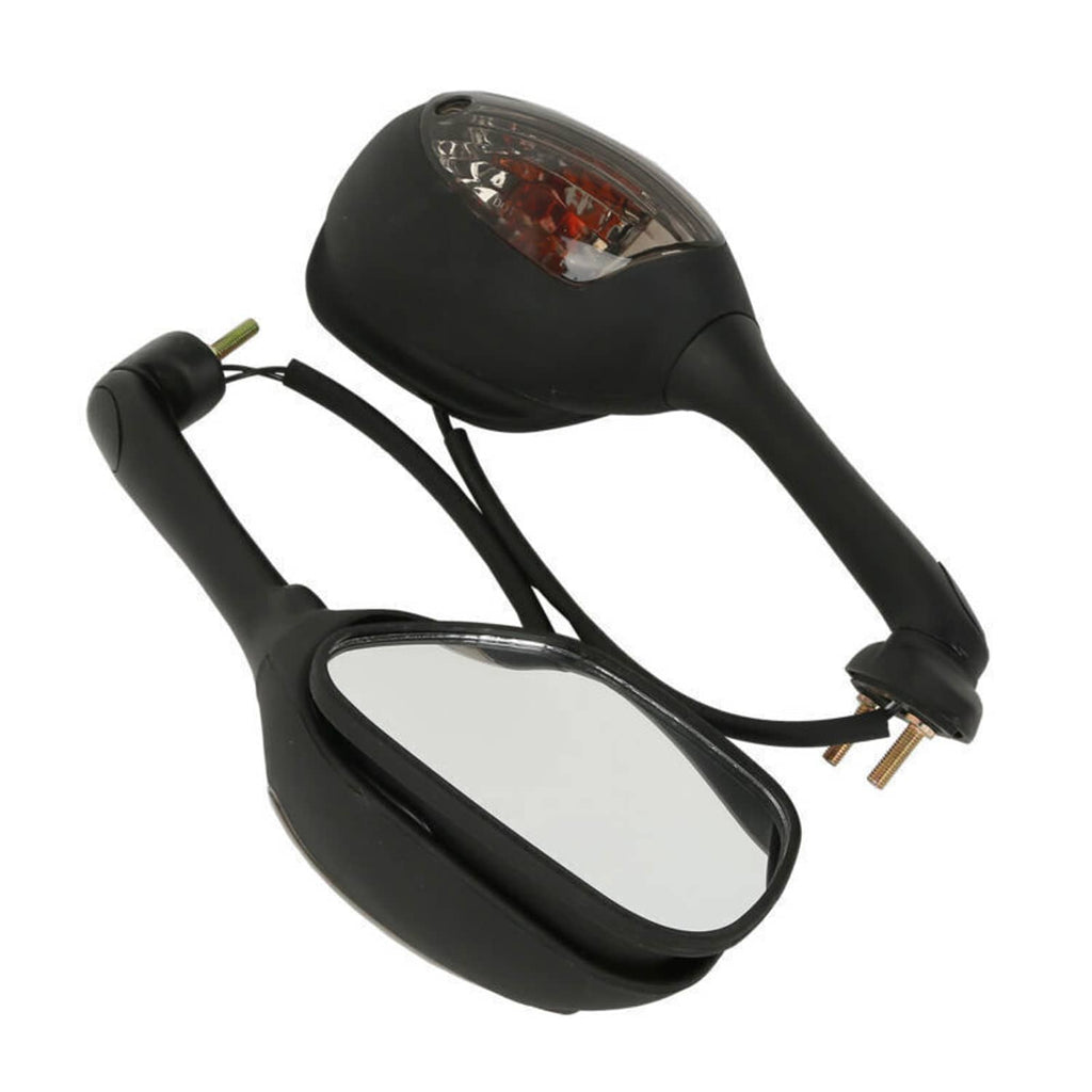 Black motorcycle rearview mirrors with amber turn signal lenses, cables and mounting posts