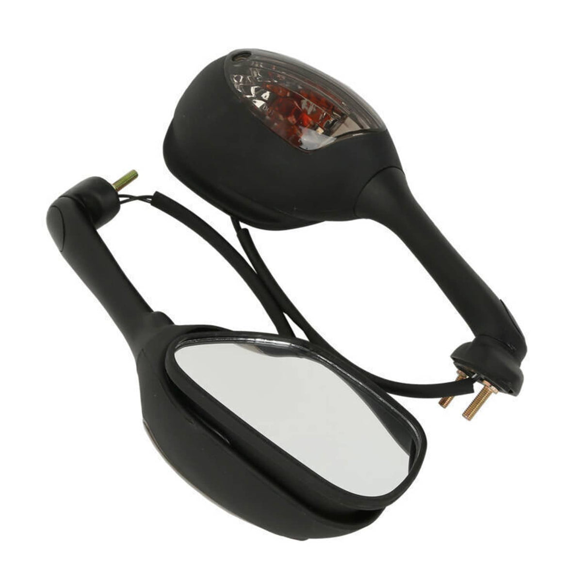 Black motorcycle rearview mirrors with amber turn signal lenses, cables and mounting posts