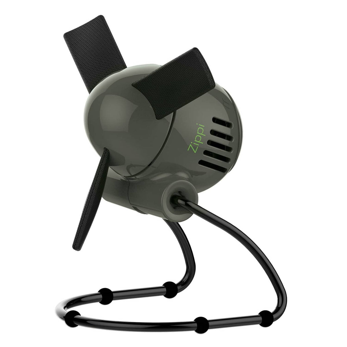 Dark gray foldable personal fan with vented front, standing grille, and flexible arms