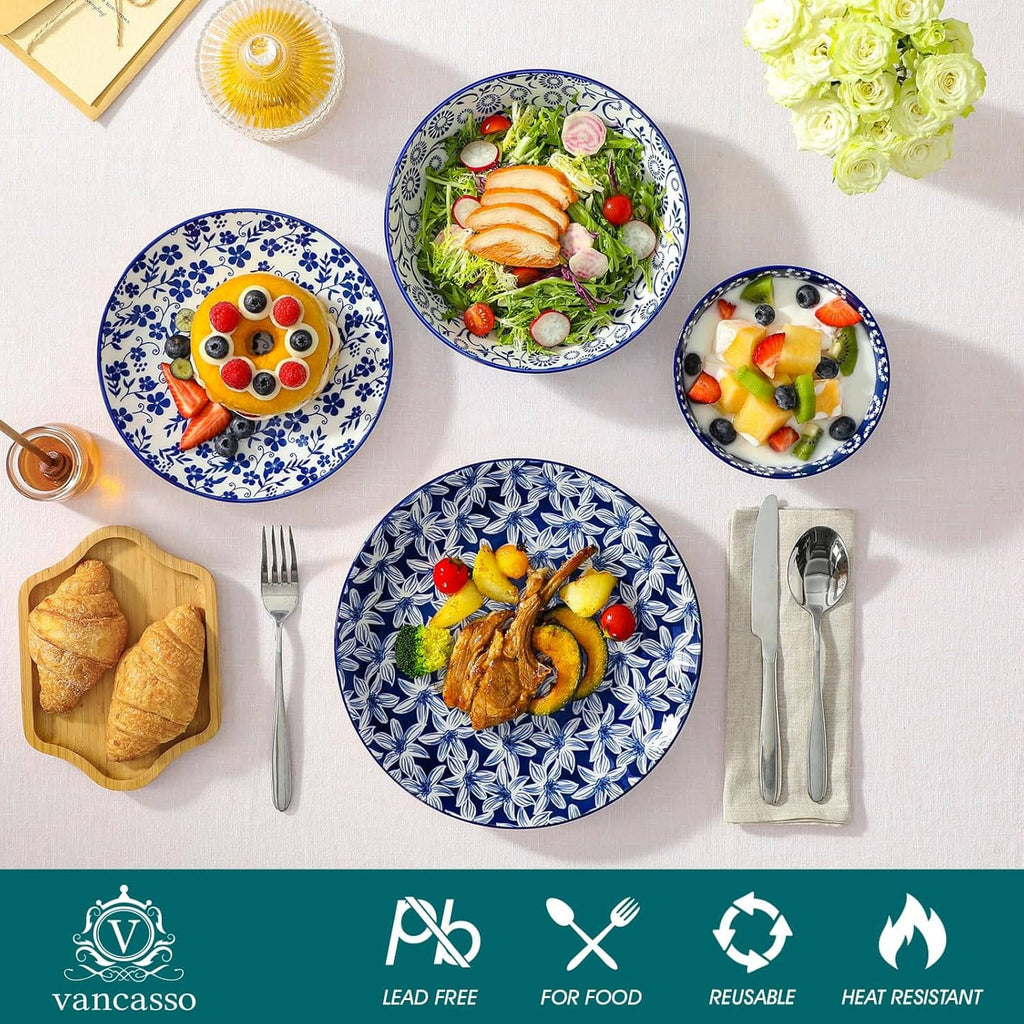 Blue-and-white patterned dinnerware set with plates and bowls arranged for meals