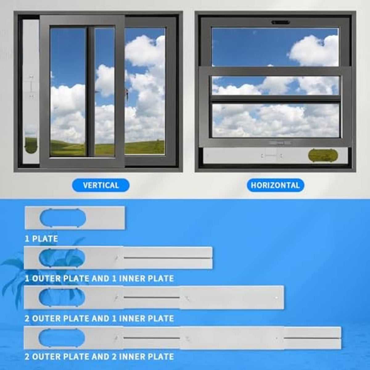 Vent kit sealing plates showing vertical and horizontal window options, 1 or 2 plate setup