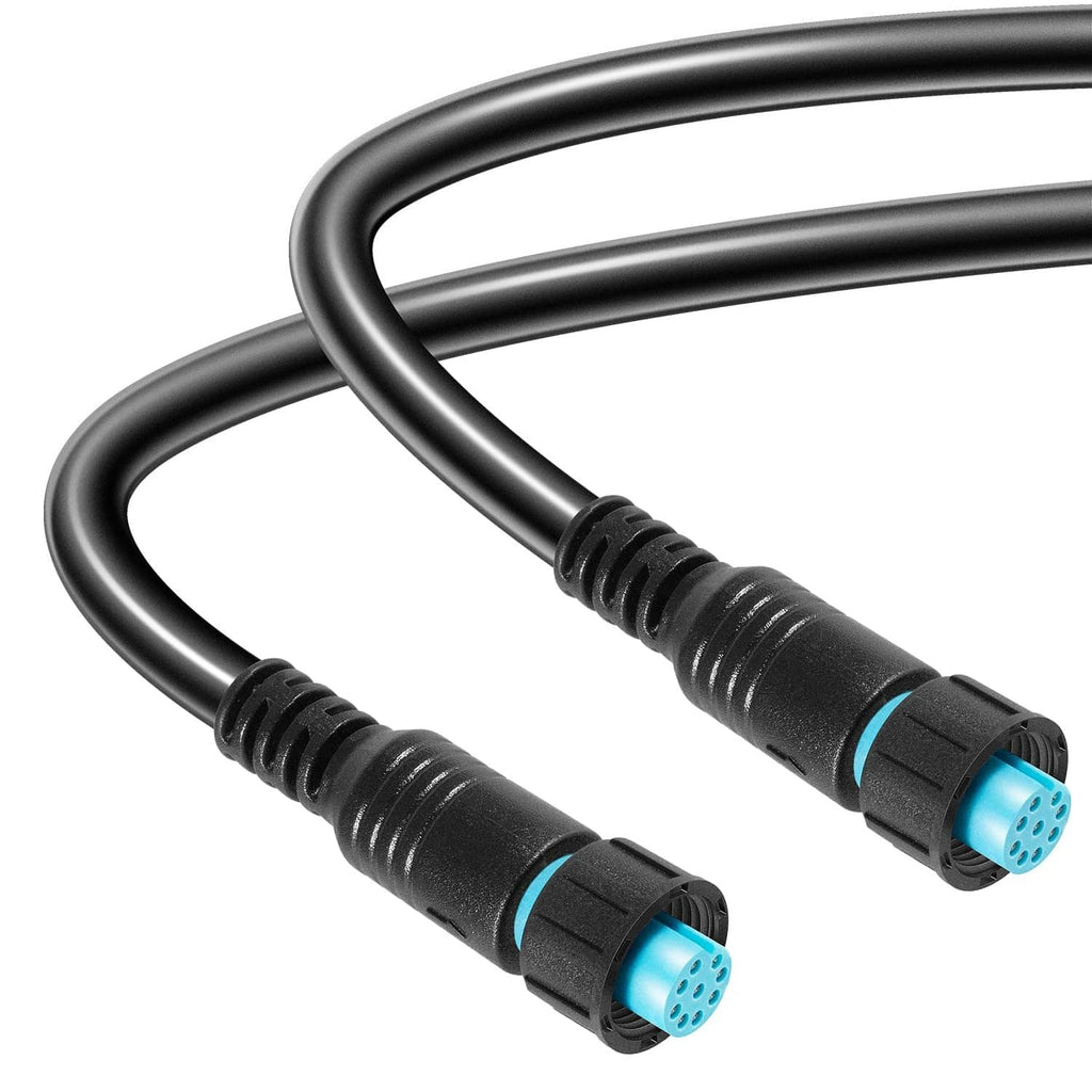 Close-up of two small male marine network connectors on black cable, blue inserts