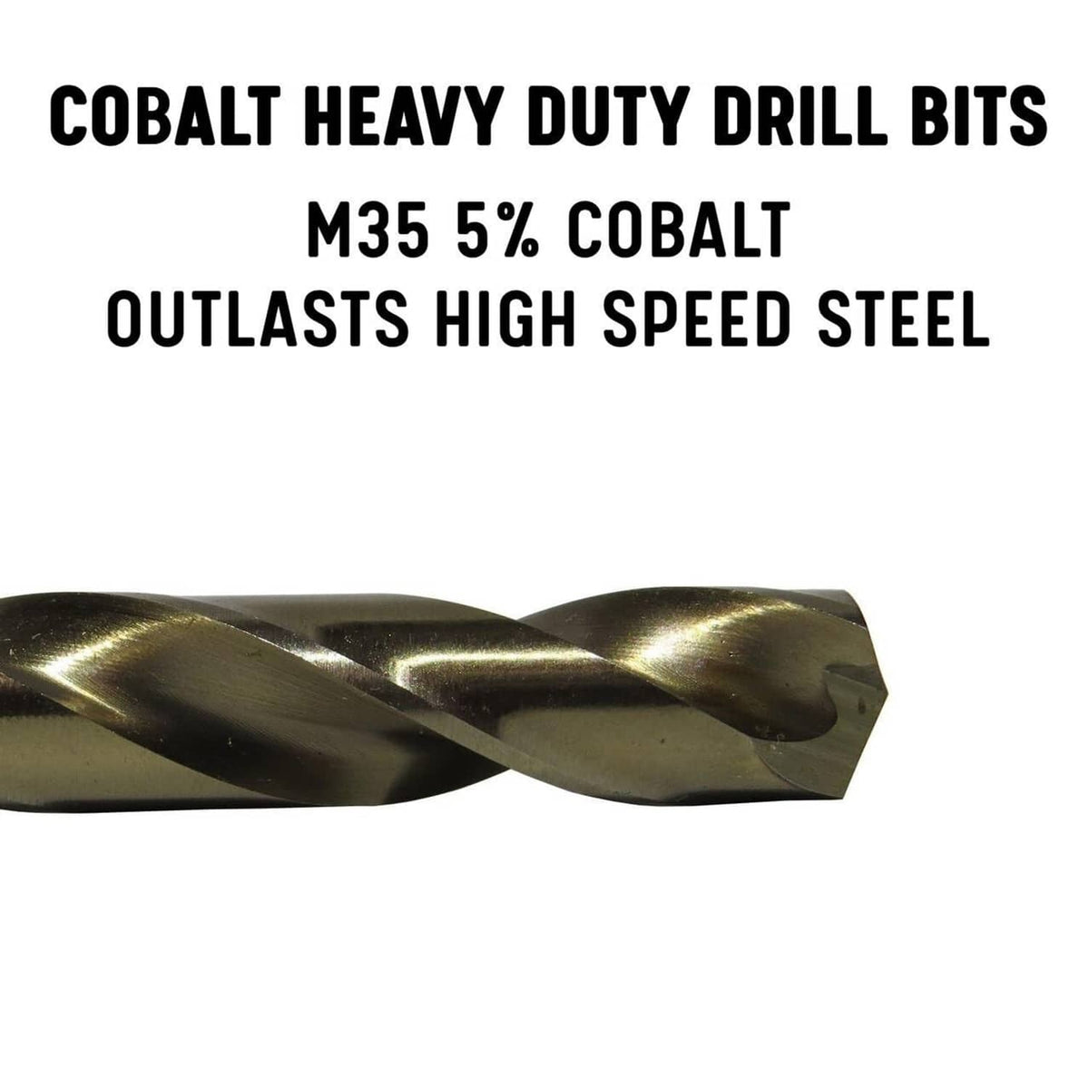 Cobalt drill bit with spiral flutes, gold-toned coating, hex shank