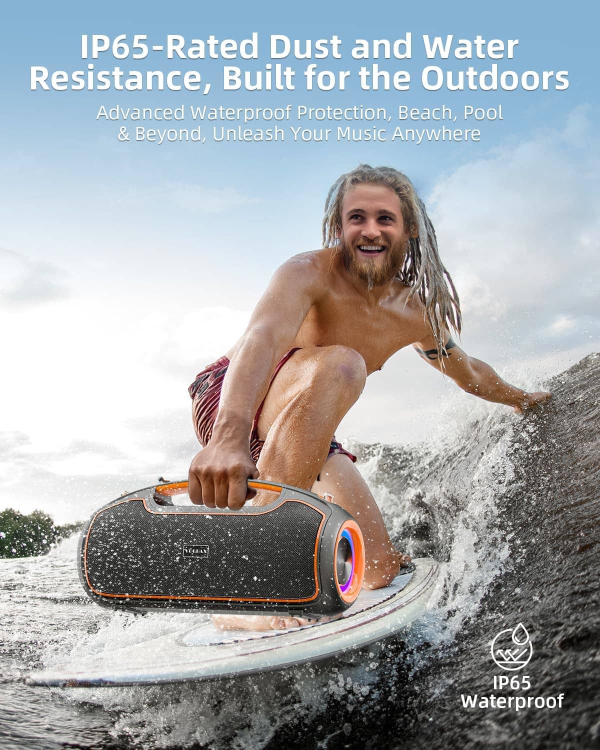 Portable Bluetooth speaker in black and orange with front RGB ring, on splash-ready water