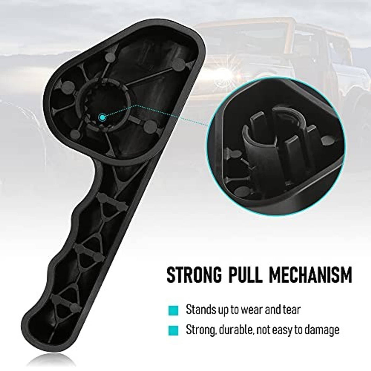 Black seat adjuster handle with open mounting cavity and molded interior ribs