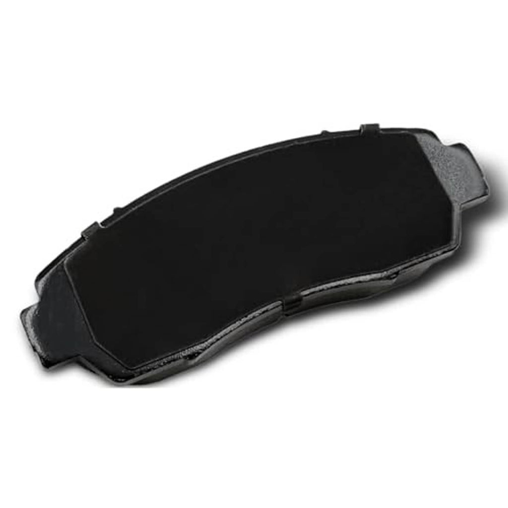 Ceramic brake pad with dark friction surface and black metal backing, angled view