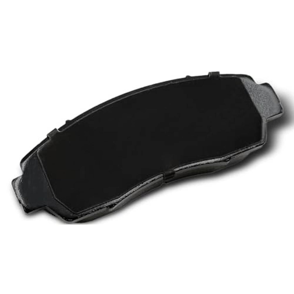 Ceramic brake pad with dark friction surface and black metal backing, angled view